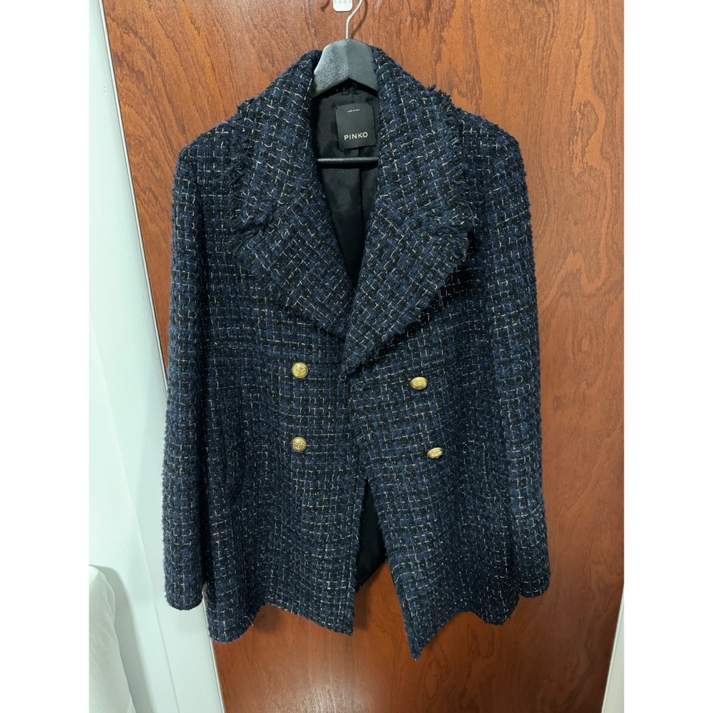 Pinko Men's Dark Blue Tweed Pea Coat
